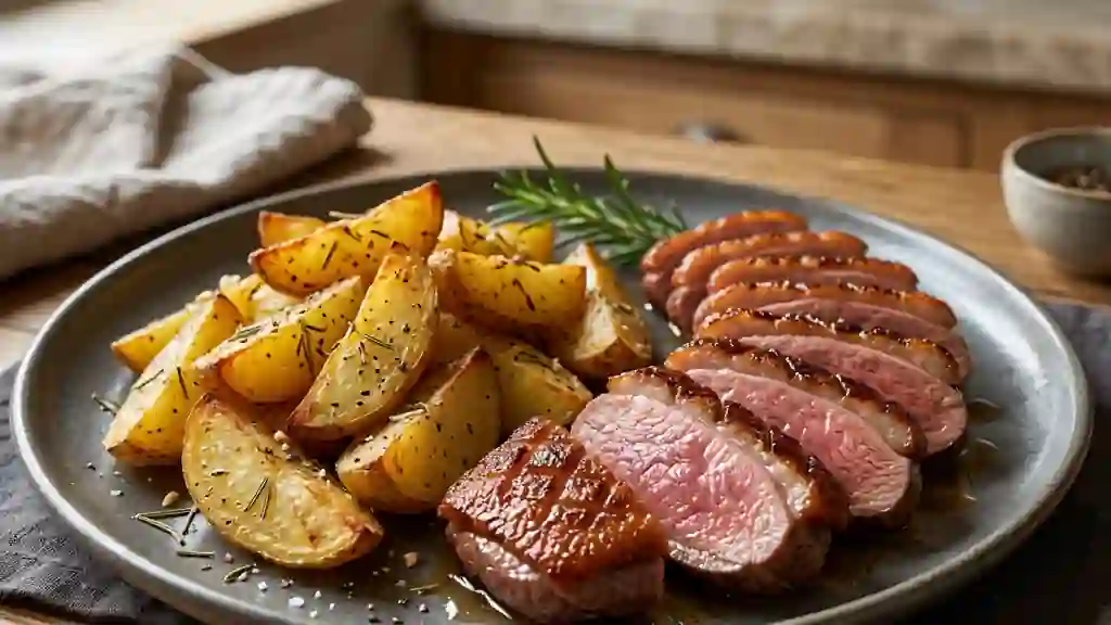 Magret fondant, pommes de terre rôties au romarin - Photo de présentation