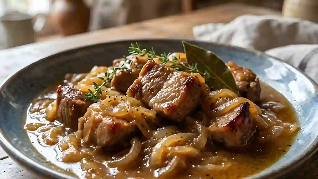 Porc braisé aux oignons caramélisés - Photo de présentation