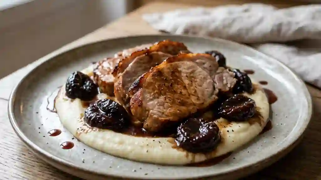 Porc confit aux pruneaux et crème d'oignons - Photo de présentation