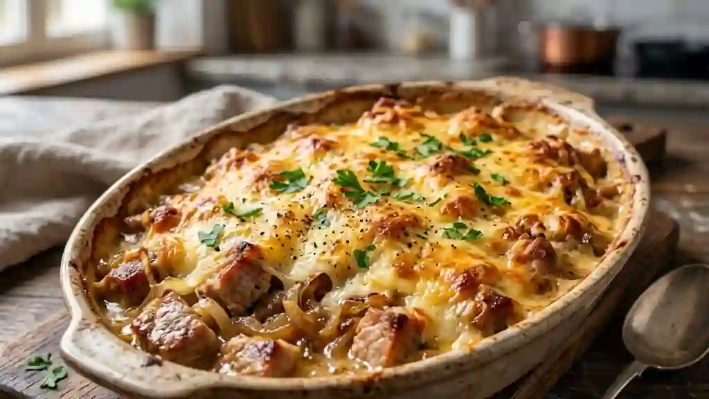 Porc gratiné aux oignons fondants - Photo de présentation