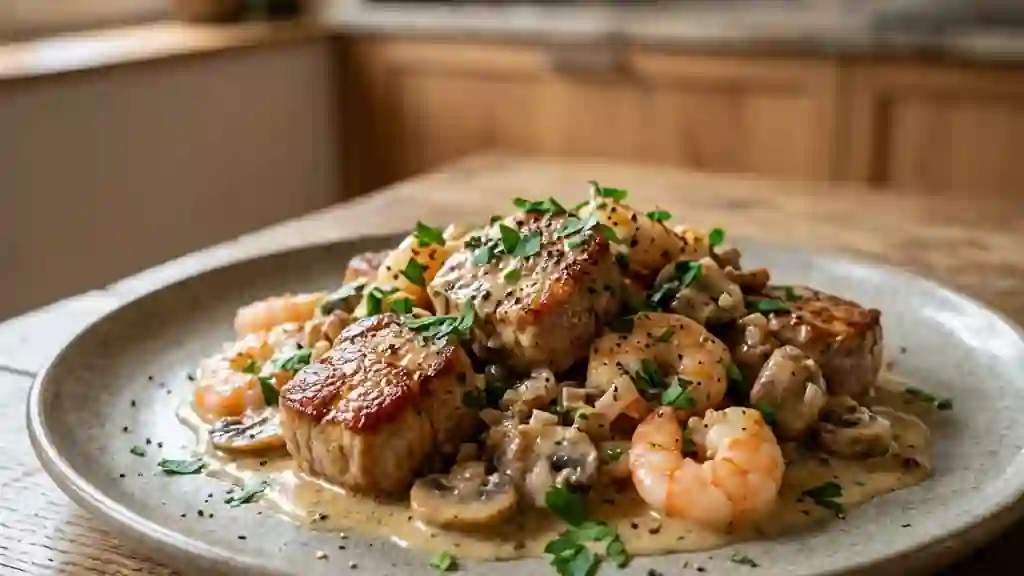 Sauté de porc et crevettes à la crème onctueuse - Photo de présentation