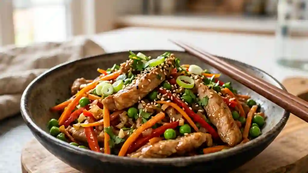 Porc sauté au soja et légumes croquants - Photo de présentation
