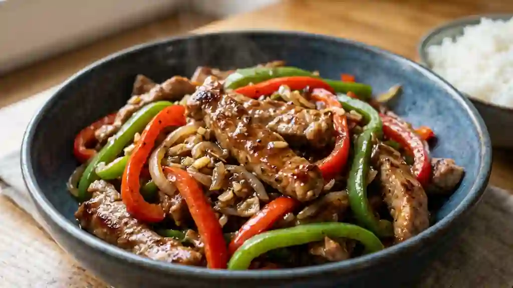 Porc laqué à la sauce d'huître et poivrons - Photo de présentation