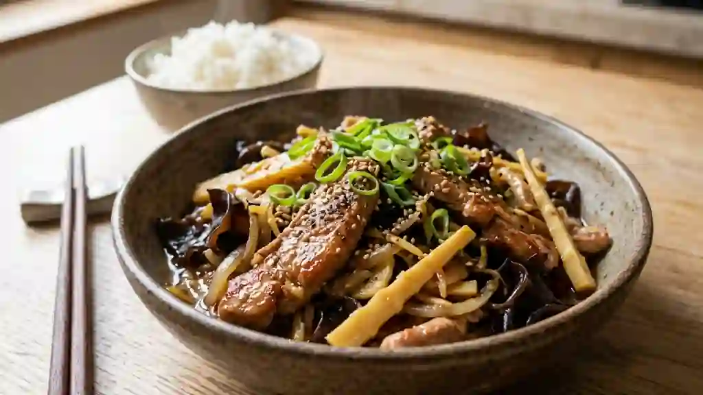 Porc fondant, bambou croquant et champignons - Photo de présentation