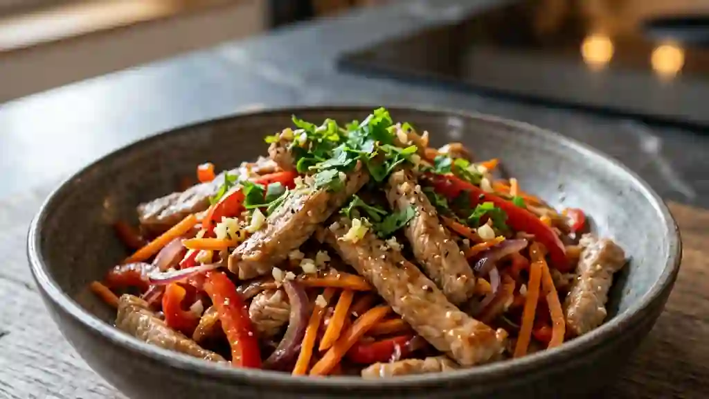 Wok de porc au soja et gingembre croquant - Photo de présentation