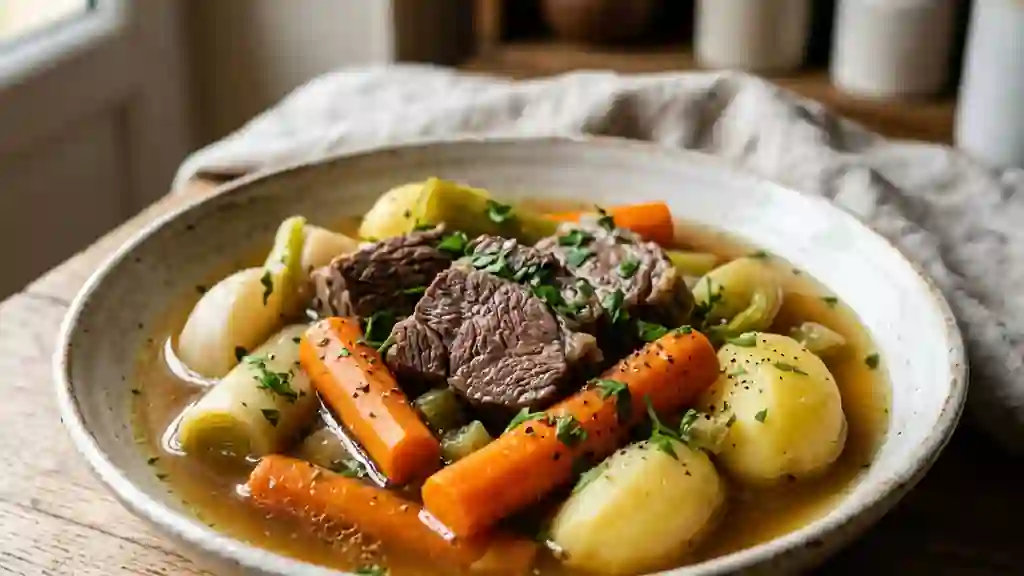 Pot-au-feu de bœuf fondant et son bouillon clair - Photo de présentation