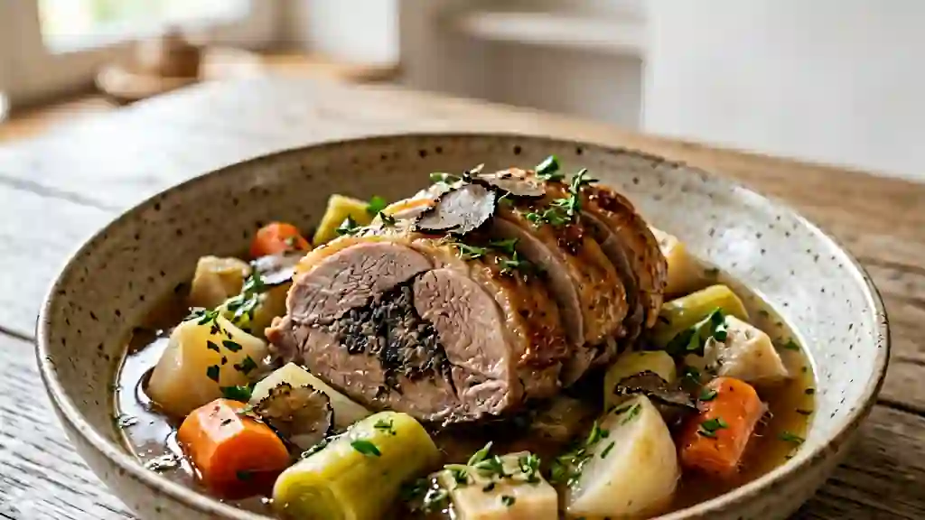 Pot-au-feu d'oie truffé et légumes fondants - Photo de présentation