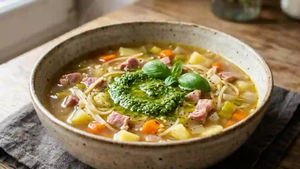 Potage fumé au petit salé et pistou frais - Photo de présentation