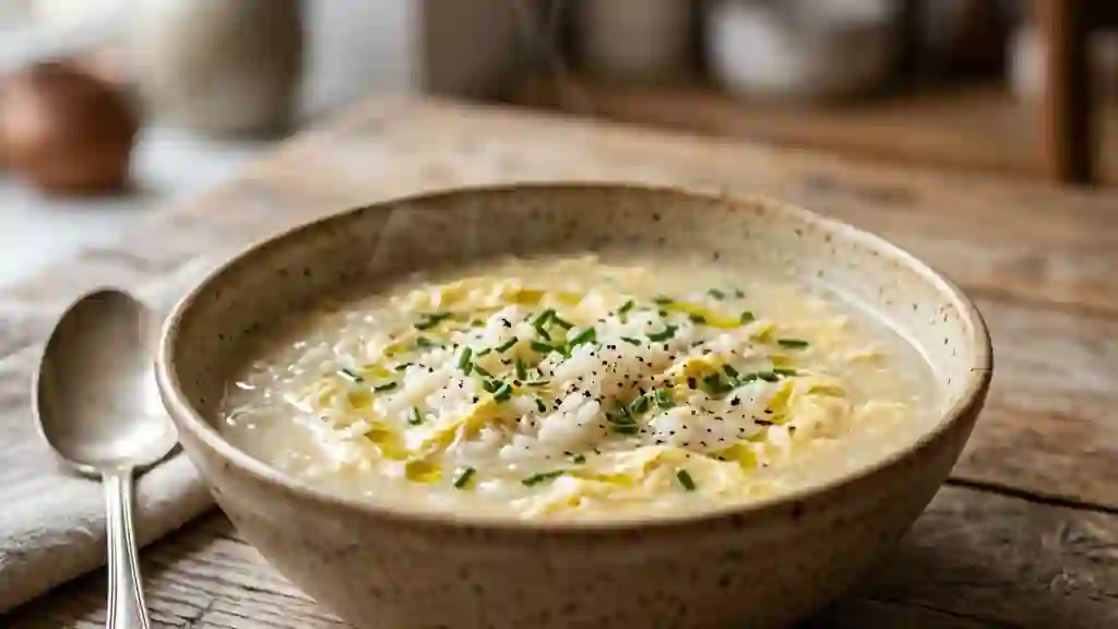 Potage onctueux au riz et rubans d'œufs - Photo de présentation