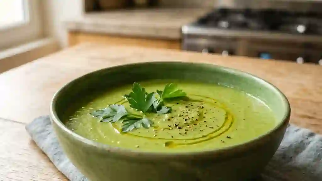 Velouté soyeux de mange-tout au persil frais - Photo de présentation