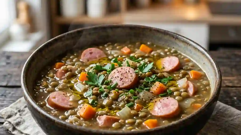 Potage rustique aux lentilles et saucisses - Photo de présentation