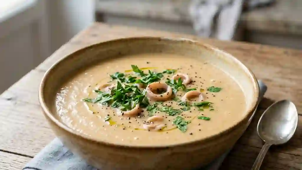Potage soyeux aux calmars et petits légumes - Photo de présentation