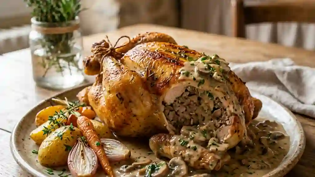 Poularde farcie fondante et crème de champignons - Photo de présentation