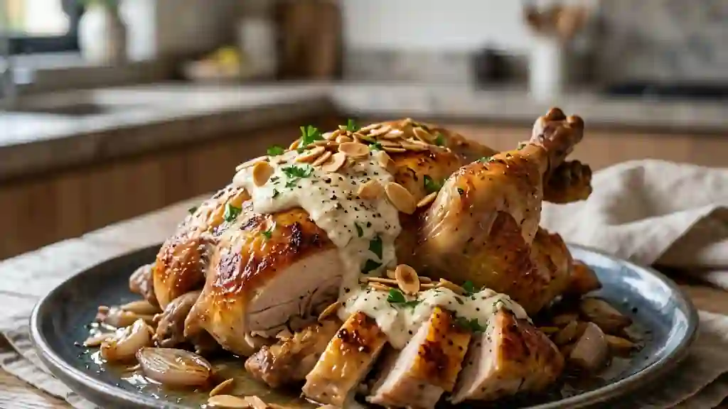 Poularde rôtie au raifort et amandes grillées - Photo de présentation