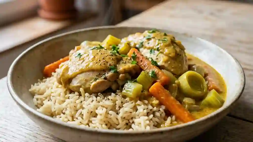 Poule au pot fondante, riz pilaf et curry - Photo de présentation