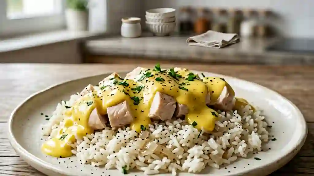Poule au riz fondante et sauce mousseline - Photo de présentation