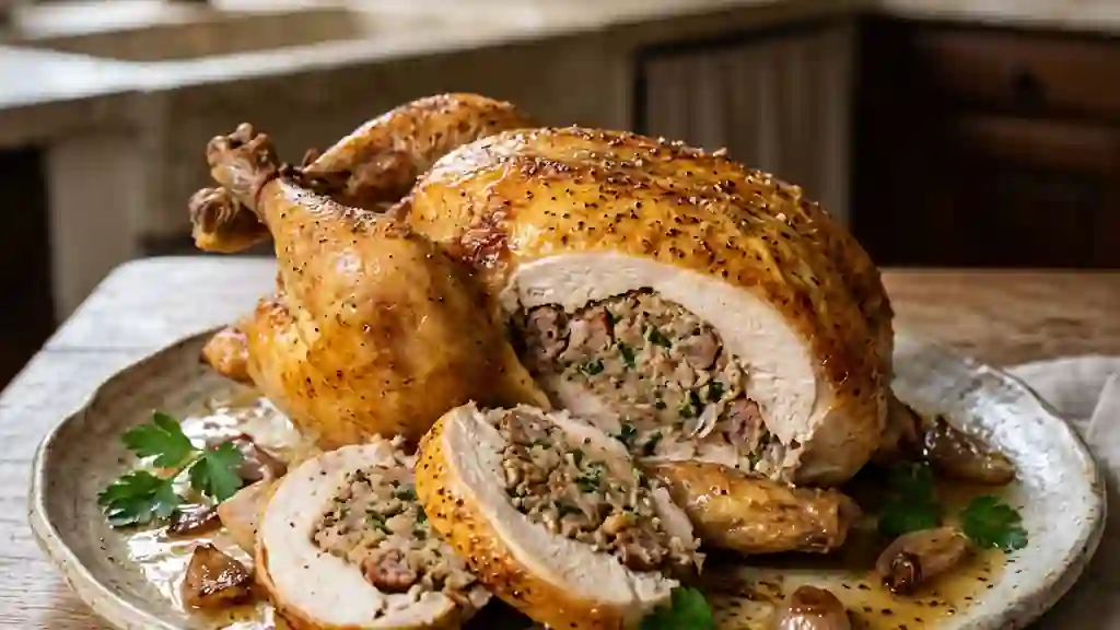 Poule rôtie farcie, chair juteuse et dorée - Photo de présentation