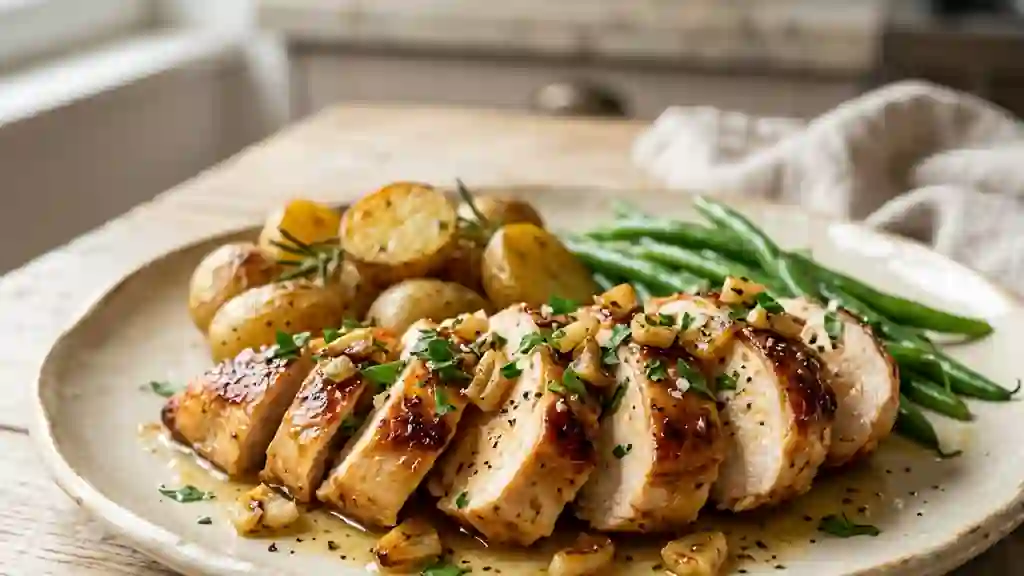 Poulet à l'ail fondant et doré au beurre - Photo de présentation