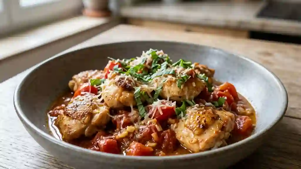 Poulet fondant à la tomate et basilic frais - Photo de présentation