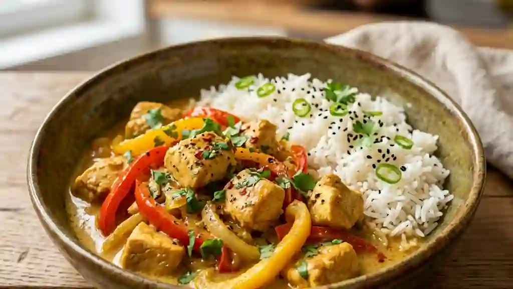 Wok de poulet au curry jaune et coco - Photo de présentation