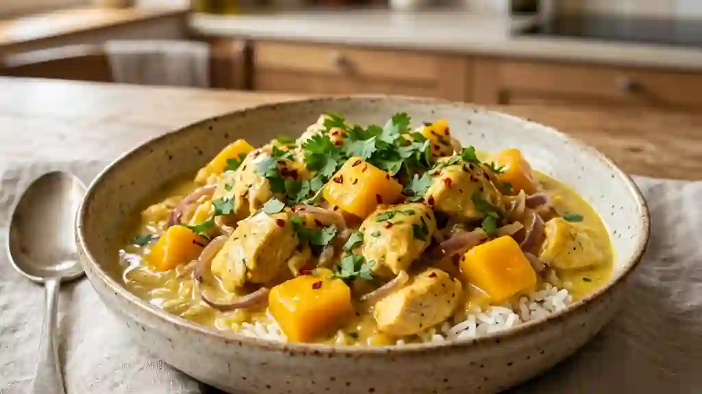 Poulet coco-mangue onctueux au curry jaune - Photo de présentation