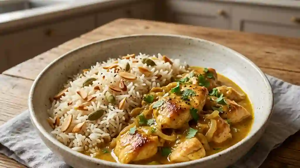 Poulet Curry Coco et Riz Croquant aux Amandes - Photo de présentation
