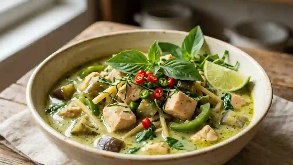 Poulet au curry vert crémeux et basilic thaï - Photo de présentation