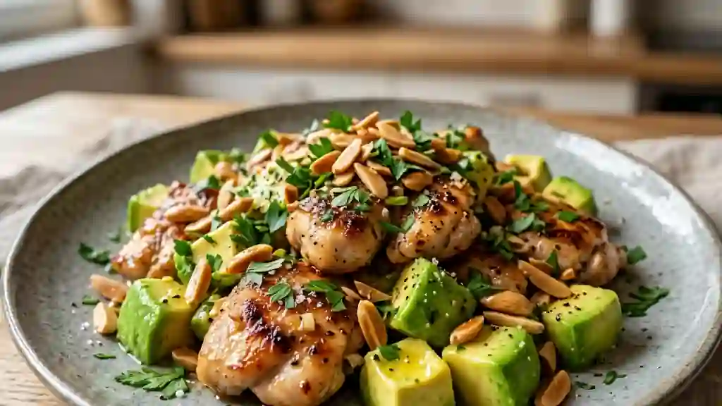 Poulet doré, avocat fondant et amandes - Photo de présentation