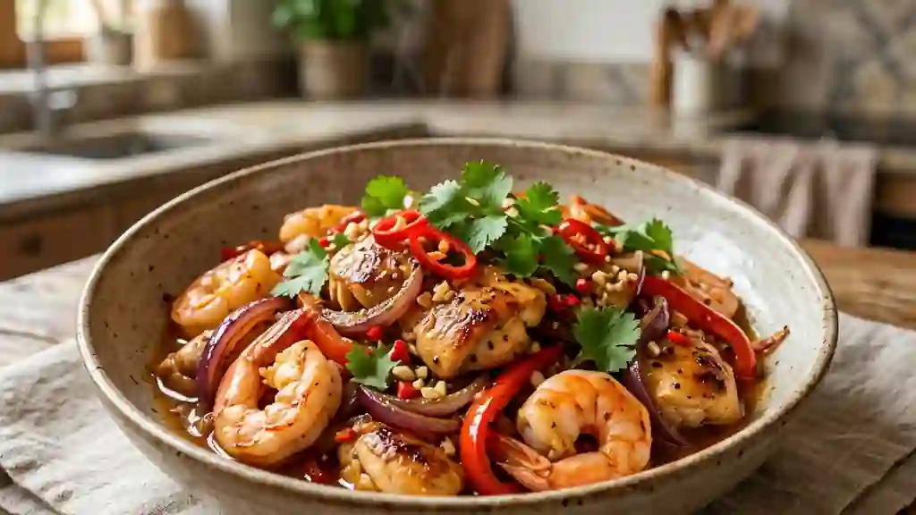 Wok de poulet et crevettes au piment - Photo de présentation