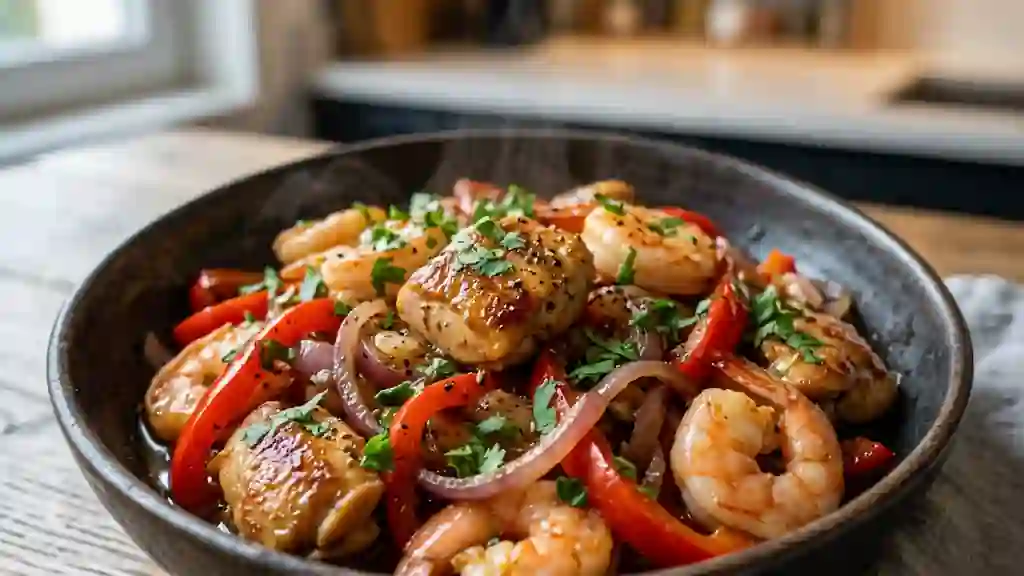 Wok de poulet aux crevettes et gingembre - Photo de présentation