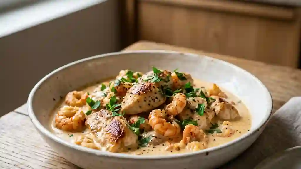 Poulet aux écrevisses crémeux et vin blanc - Photo de présentation