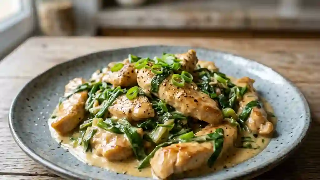 Poulet aux fanes d'oignons, sauce onctueuse - Photo de présentation