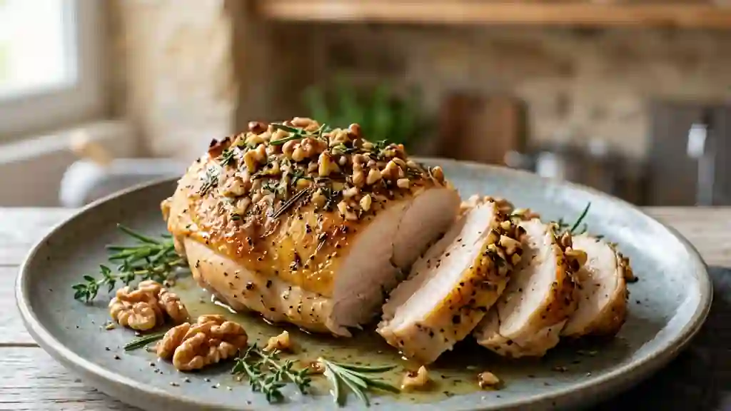 Poulet rôti aux noix et herbes fraîches - Photo de présentation
