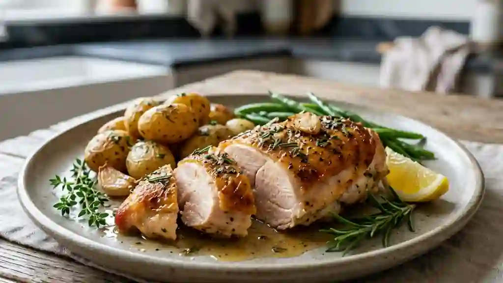 Poulet doré au thym et romarin frais - Photo de présentation