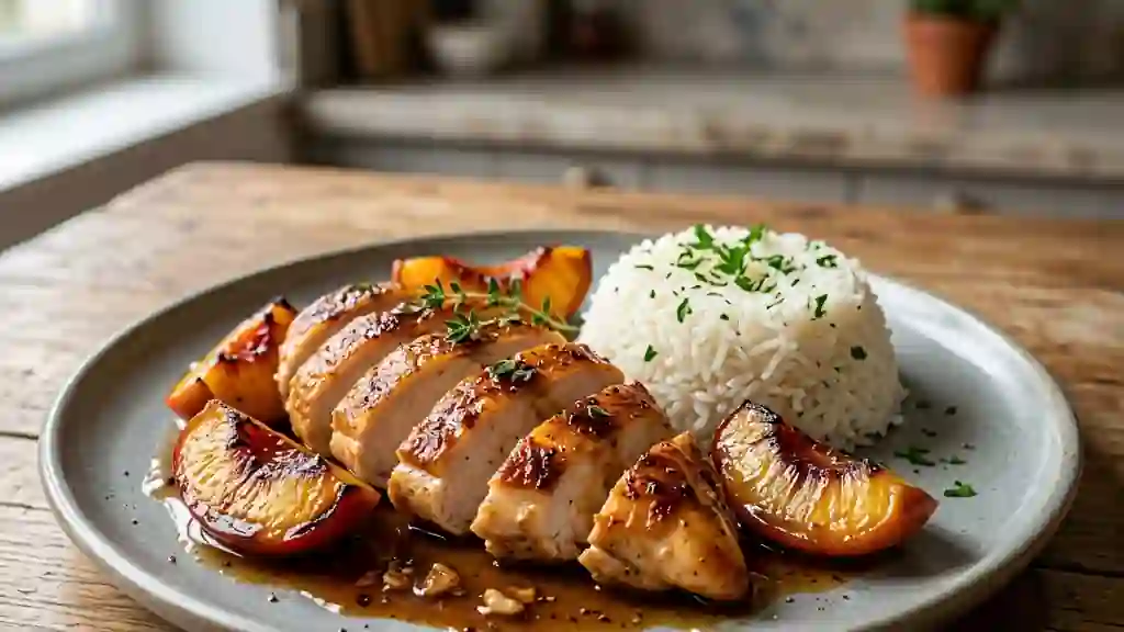 Poulet poêlé aux pêches et miel fondant - Photo de présentation