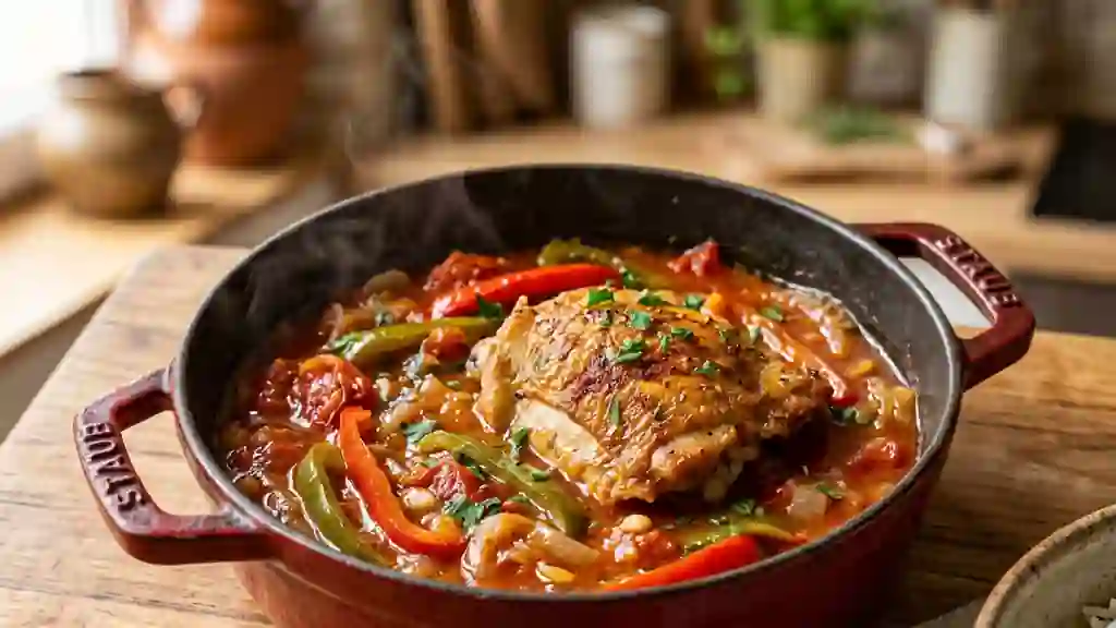 Poulet basquaise fondant et sa sauce confite - Photo de présentation