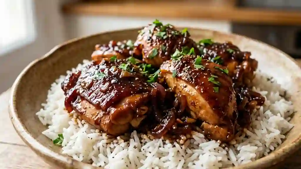 Poulet caramélisé au cola et ail fondu - Photo de présentation