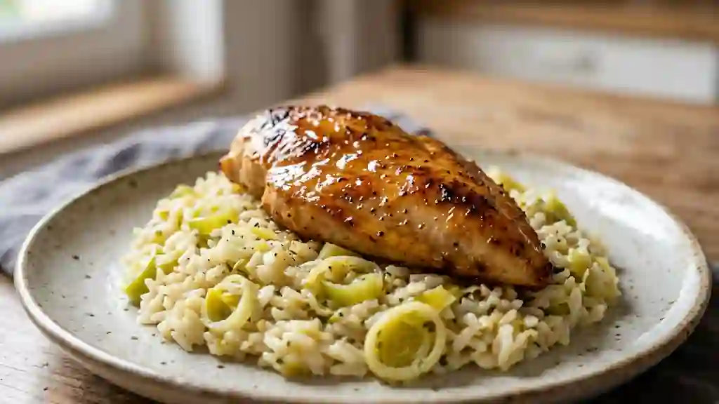 Poulet laqué au miel et riz fondant aux poireaux - Photo de présentation