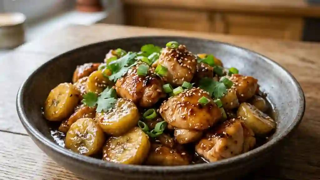 Poulet caramélisé au miel et bananes fondantes - Photo de présentation