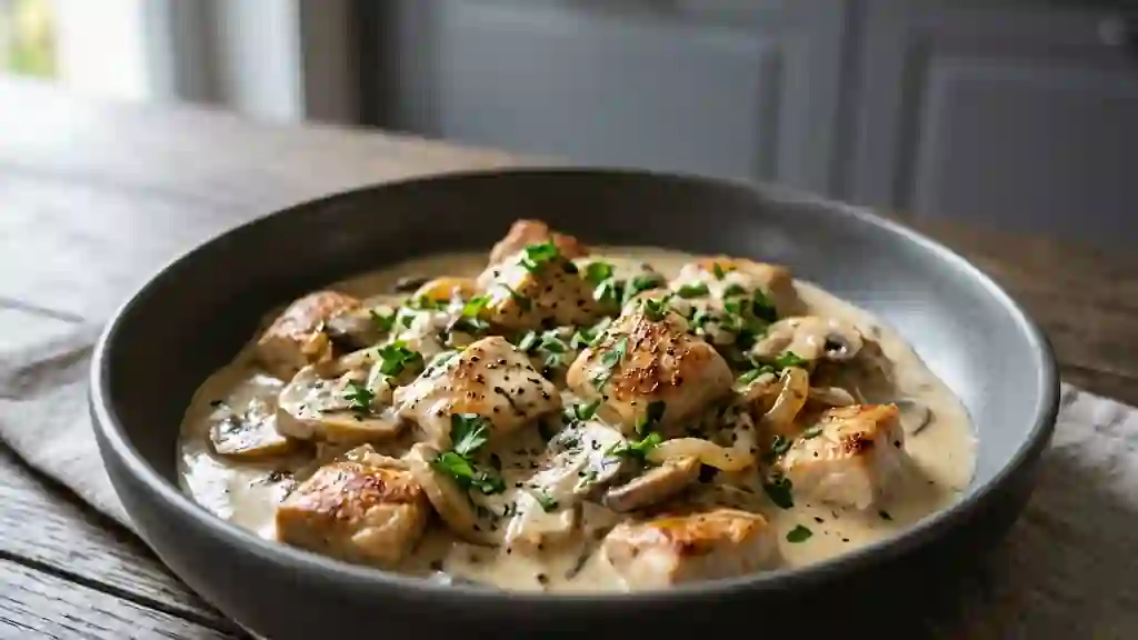 Poulet fondant sauce crème et champignons - Photo de présentation