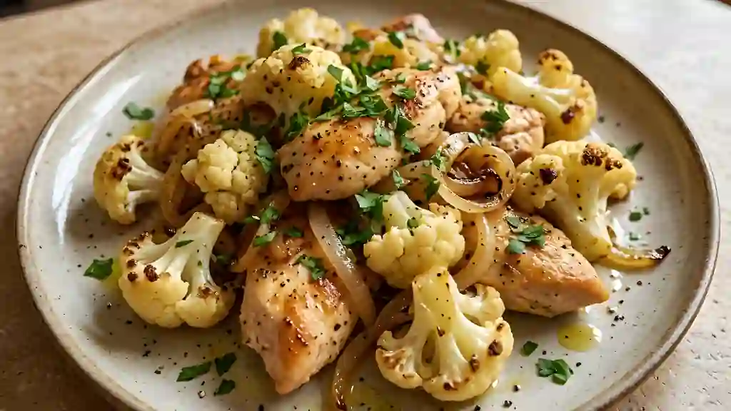 Poulet doré et chou-fleur fondant à l'ail - Photo de présentation