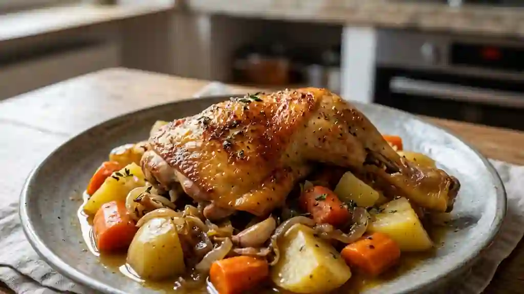 Poulet en cocotte doré et légumes fondants - Photo de présentation