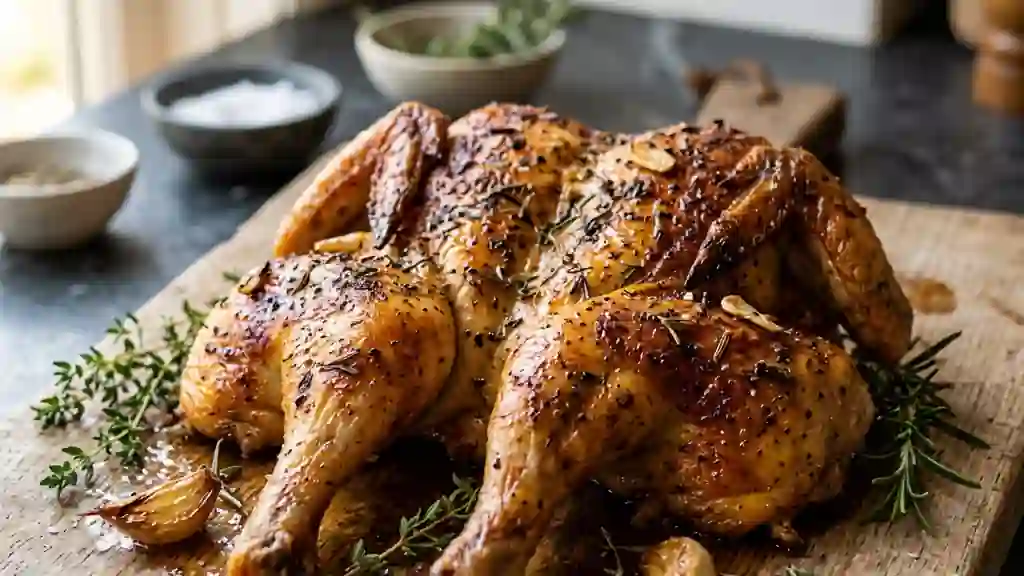 Poulet en crapaudine ail et thym - Photo de présentation