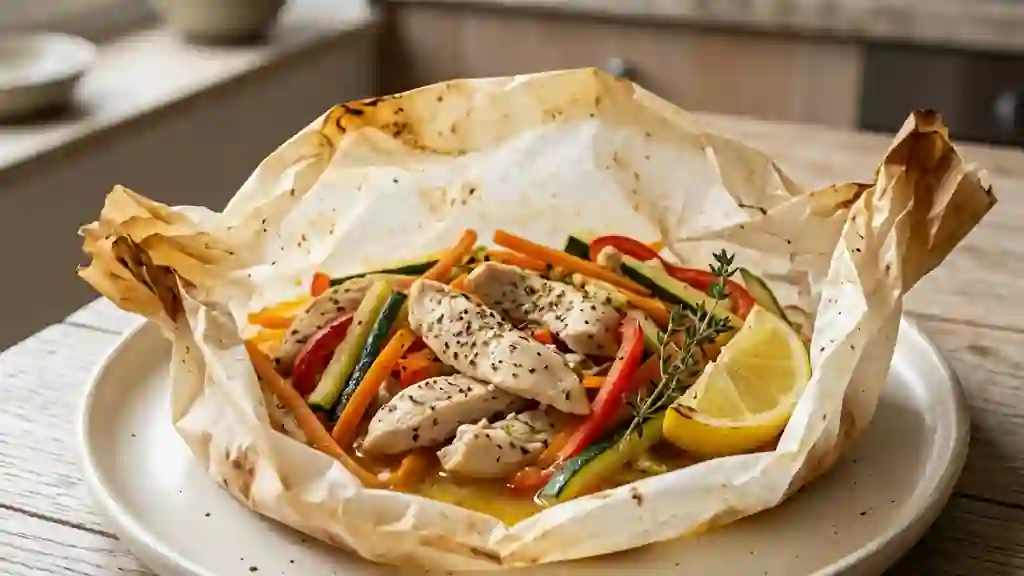 Poulet en papillote citronnée et petits légumes - Photo de présentation