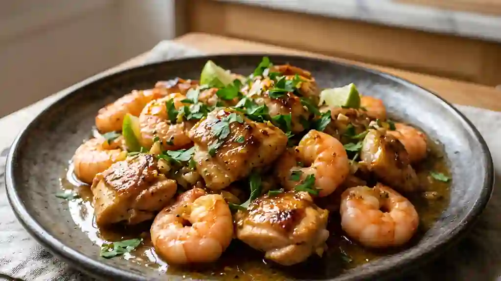 Poulet et gambas laqués au miel épicé - Photo de présentation