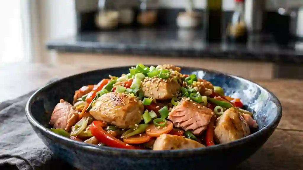 Wok terre-mer poulet truite au sésame - Photo de présentation