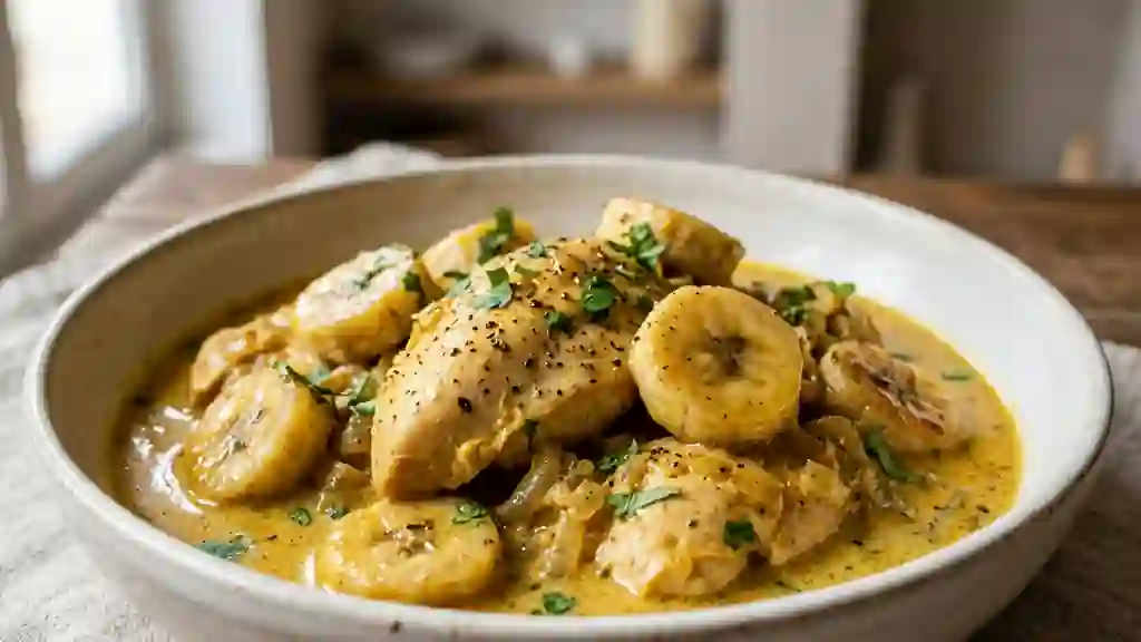 Poulet crémeux au curry et bananes fondantes - Photo de présentation