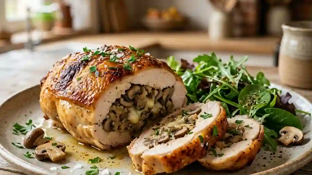 Poulet farci aux champignons et pain rustique - Photo de présentation