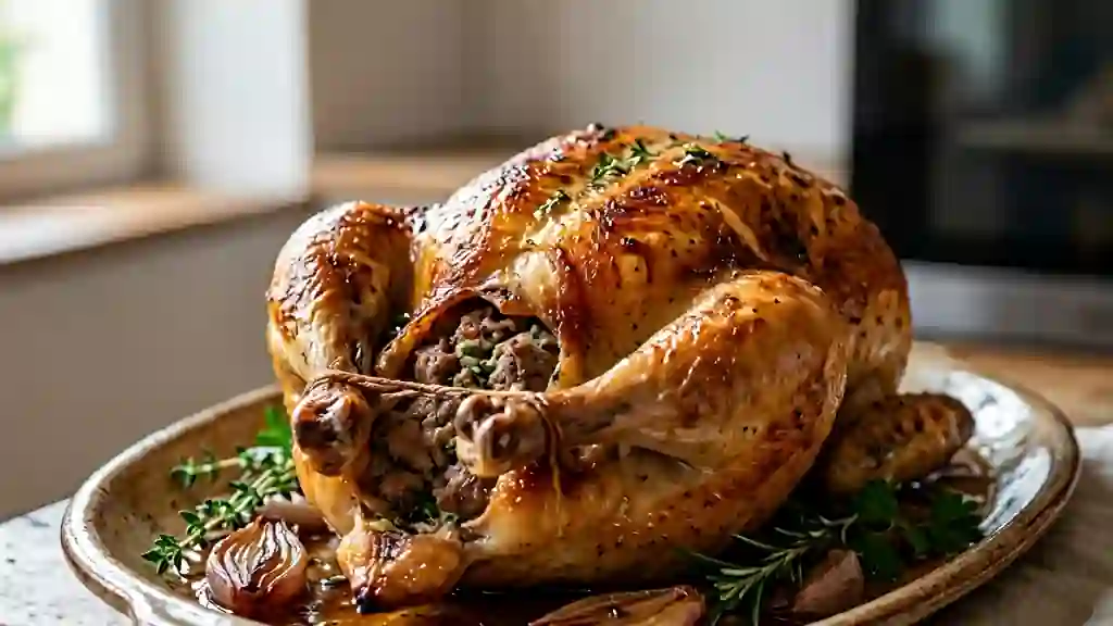 Poulet rôti farci au cognac et chair savoureuse - Photo de présentation