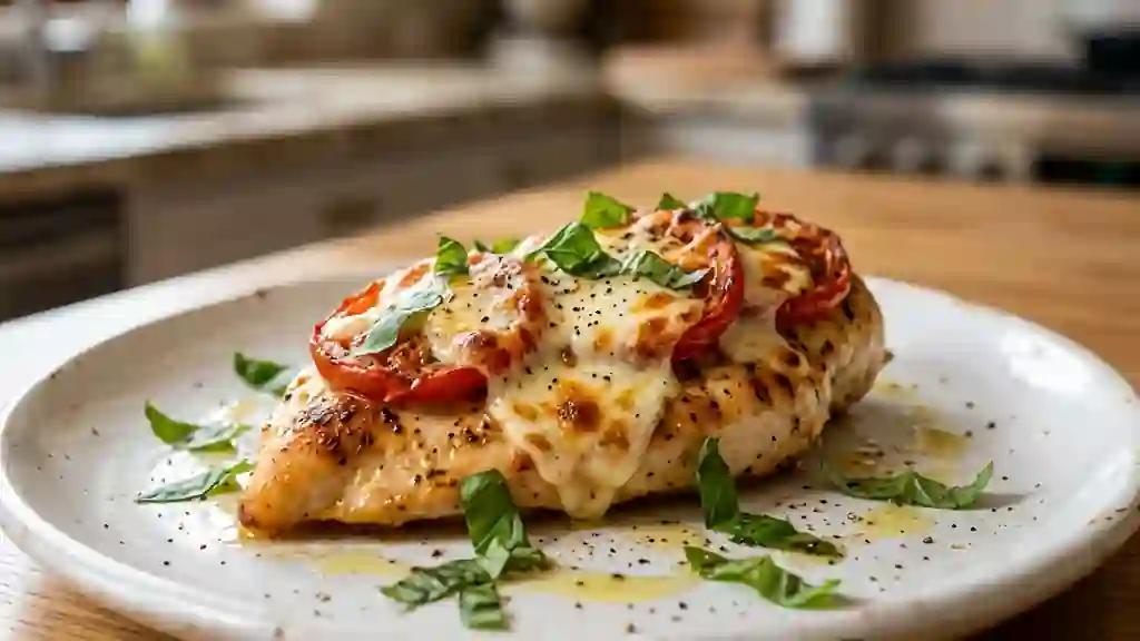 Poulet fondant à la mozzarella et basilic frais - Photo de présentation